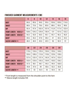 Fabric Godmother Peony Dress PDF (Intermediate) -CELOVE Clothing Shop FG PEONY FINISHED GARMENT MEASUREMENTS CM 07614.1687954725