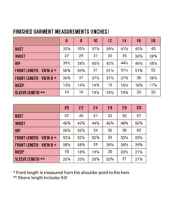Fabric Godmother Peony Dress PDF (Intermediate) -CELOVE Clothing Shop FG PEONY FINISHED GARMENT MEASUREMENTS INCHES 11818.1687954723